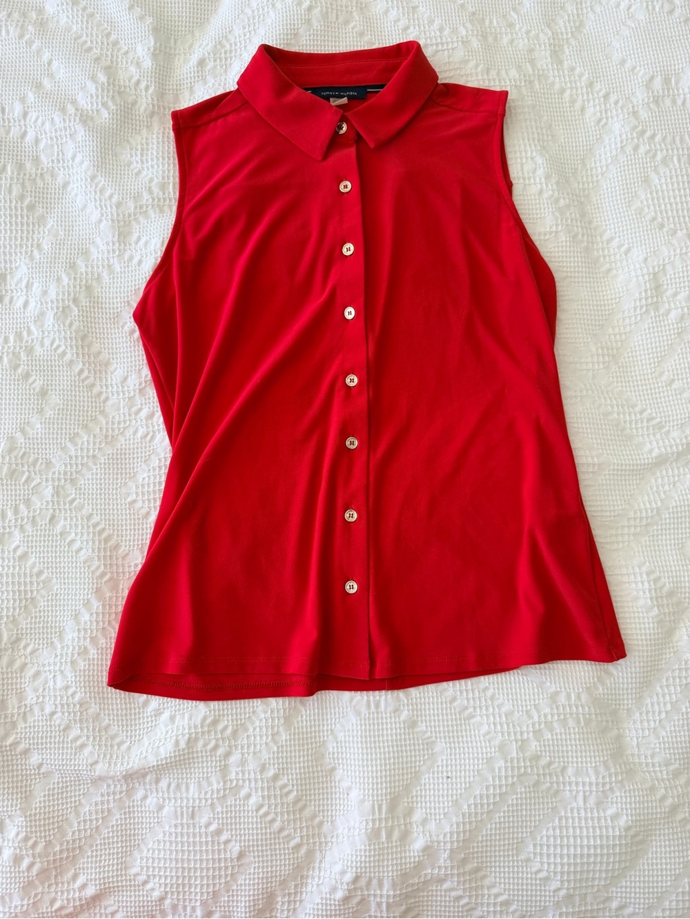 Tommy Hilfiger Sleeveless Button-Down Polo Top - Red